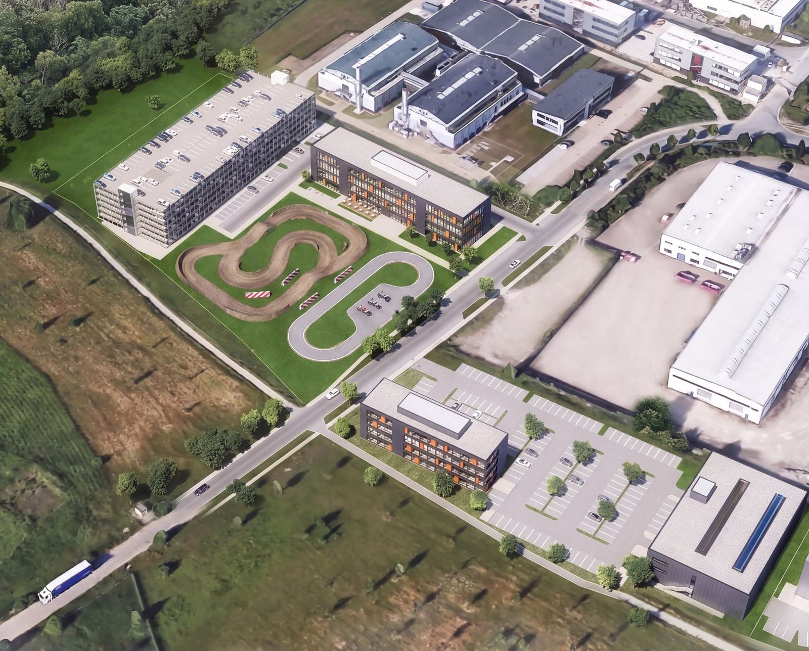 Visualisierung: Luftbild des Campus mit Teststrecke auf der Wiese vor Hohenbüchen 8